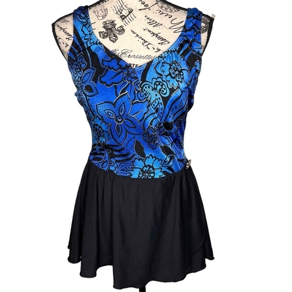 Inches Away Black Blue Print One Piece Swimsuit Swim Dress Size 12 Slimming - Picture 7 of 15